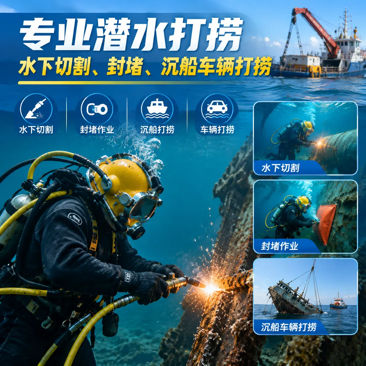 专业潜水打捞｜水下切割、封堵、沉船车辆打捞文昌